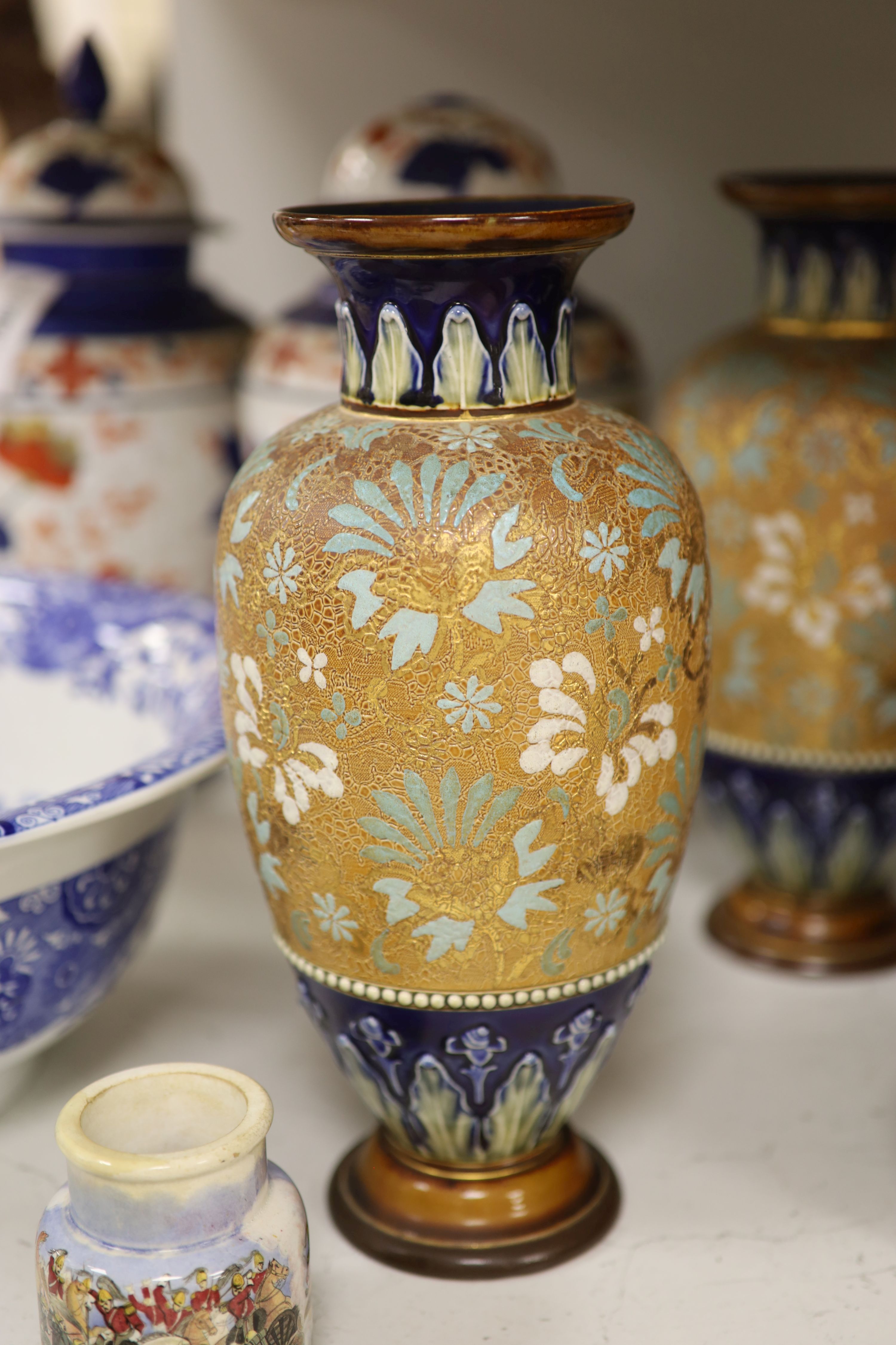 A pair of French Imari patterned vases, a blue and white Spode Italian bowl, diameter 36cm, etc.